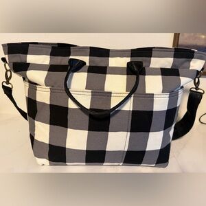 Rebekah Scott Angie Buffalo Check Laptop Tote Crossbody Bag Black White Plaid